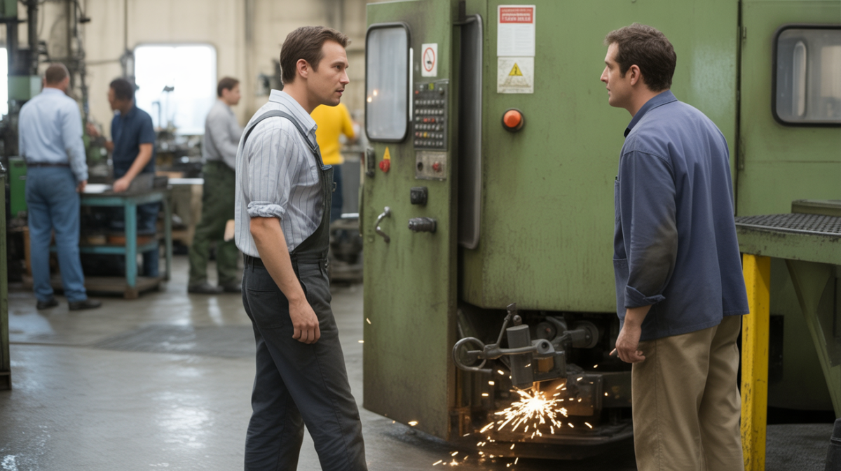 Un ouvrier se retire calmement d’une situation dangereuse dans une usine réelle, discutant avec un superviseur devant une machine défectueuse.