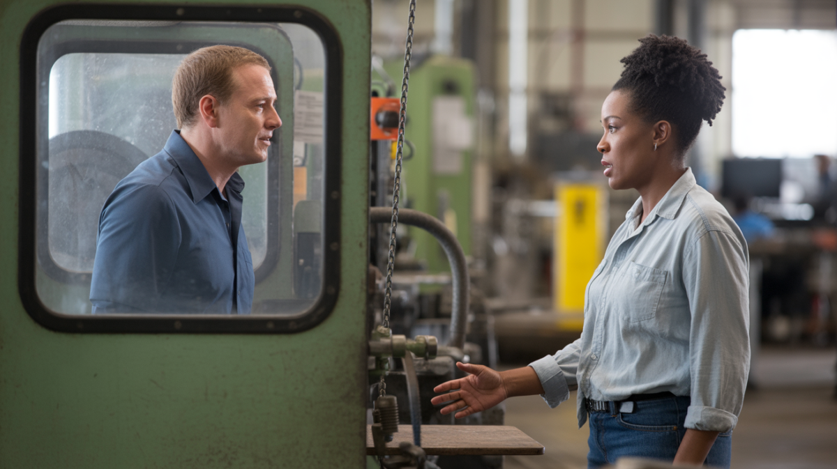 Employé se retirant calmement d’une situation de travail dangereuse tout en discutant avec un superviseur dans un environnement industriel réaliste.
