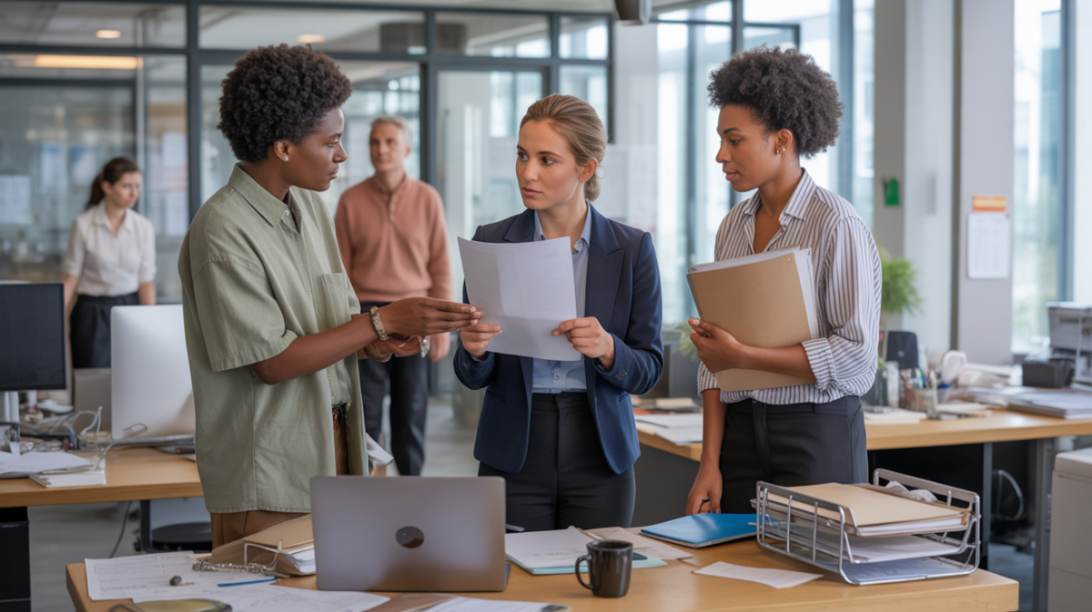 Scène réaliste de salariés dans un bureau moderne discutant et consultant des documents liés au droit du travail.