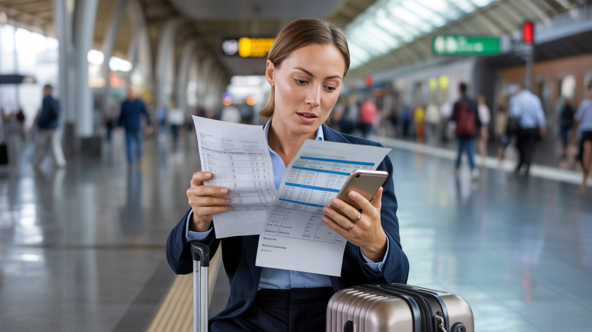 Professionnel dans une gare moderne vérifiant ses notes de frais avec une valise, dans une scène réaliste et naturelle.