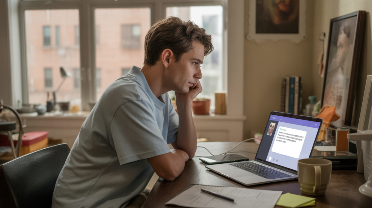 Personne inquiète devant un ordinateur dans un appartement réaliste, lisant un message suspect évoquant une arnaque sentimentale.
