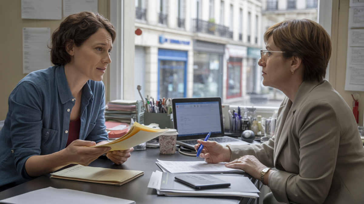 Scène réaliste dans un bureau de l’inspection du travail en France, montrant un salarié discutant avec un inspecteur dans un cadre naturel et authentique.