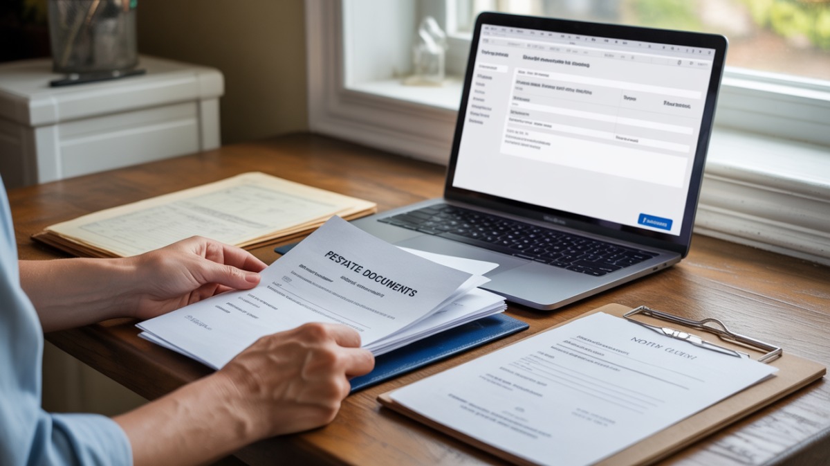 Bureau réaliste avec un ordinateur affichant une page PayPal et un dossier de documents successoraux manipulés par des mains adultes.