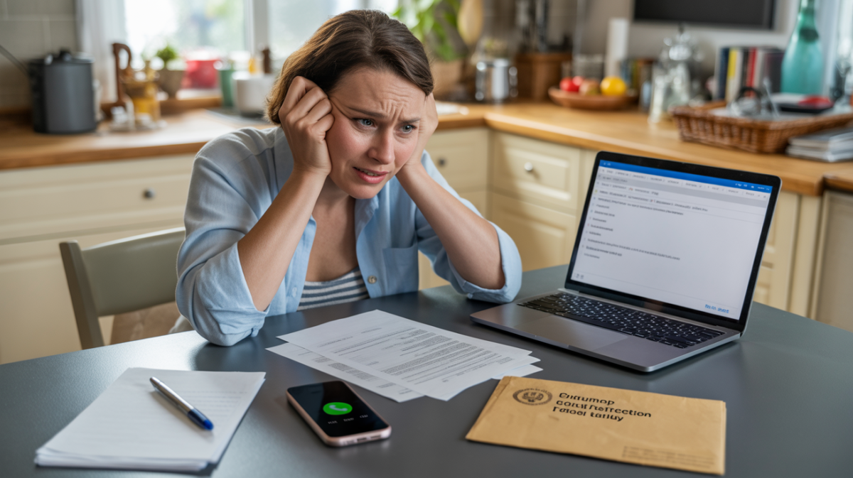 Personne inquiète examinant des documents et un ordinateur après une arnaque internet, dans une scène domestique réaliste.