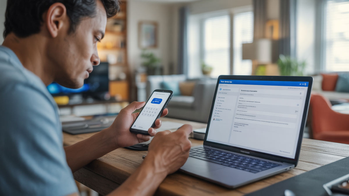 Personne dans un bureau à domicile réglant la sécurité de son compte PayPal avec un smartphone affichant un code 2FA et un ordinateur ouvert sur les paramètres de sécurité, dans une scène réaliste et naturelle.