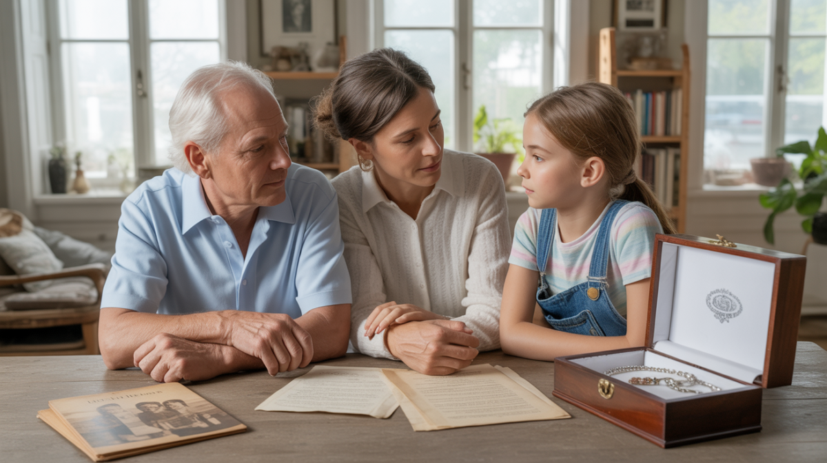 Scène familiale réaliste montrant trois générations discutant autour de documents d’héritage dans un intérieur chaleureux et authentique.