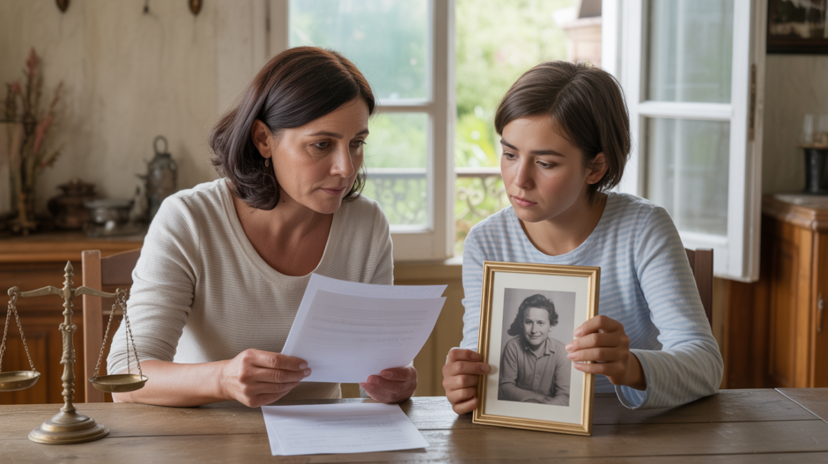 Scène réaliste d’une mère et de son enfant adulte examinant des documents d’héritage et une photo du père décédé dans une maison authentique.