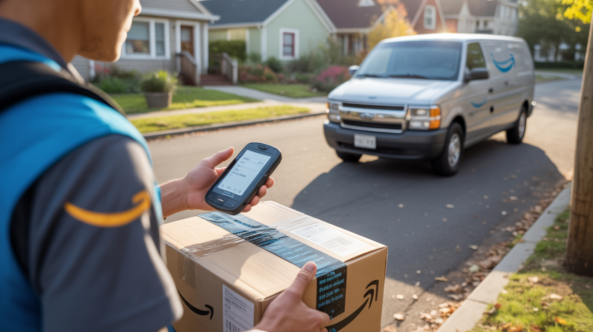 Scène réaliste d’un livreur Amazon scannant un colis devant un quartier résidentiel avec un camion Amazon garé et un décor naturel et authentique.