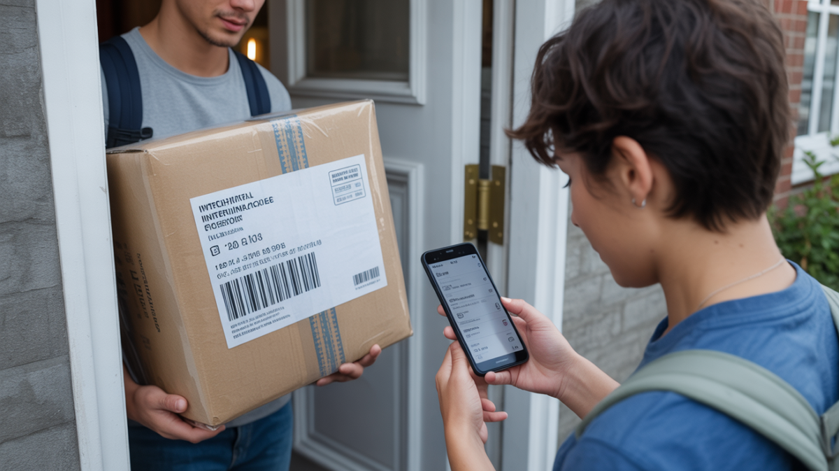 Personne recevant un colis international tout en vérifiant son suivi en temps réel sur un smartphone devant un immeuble résidentiel réaliste.
