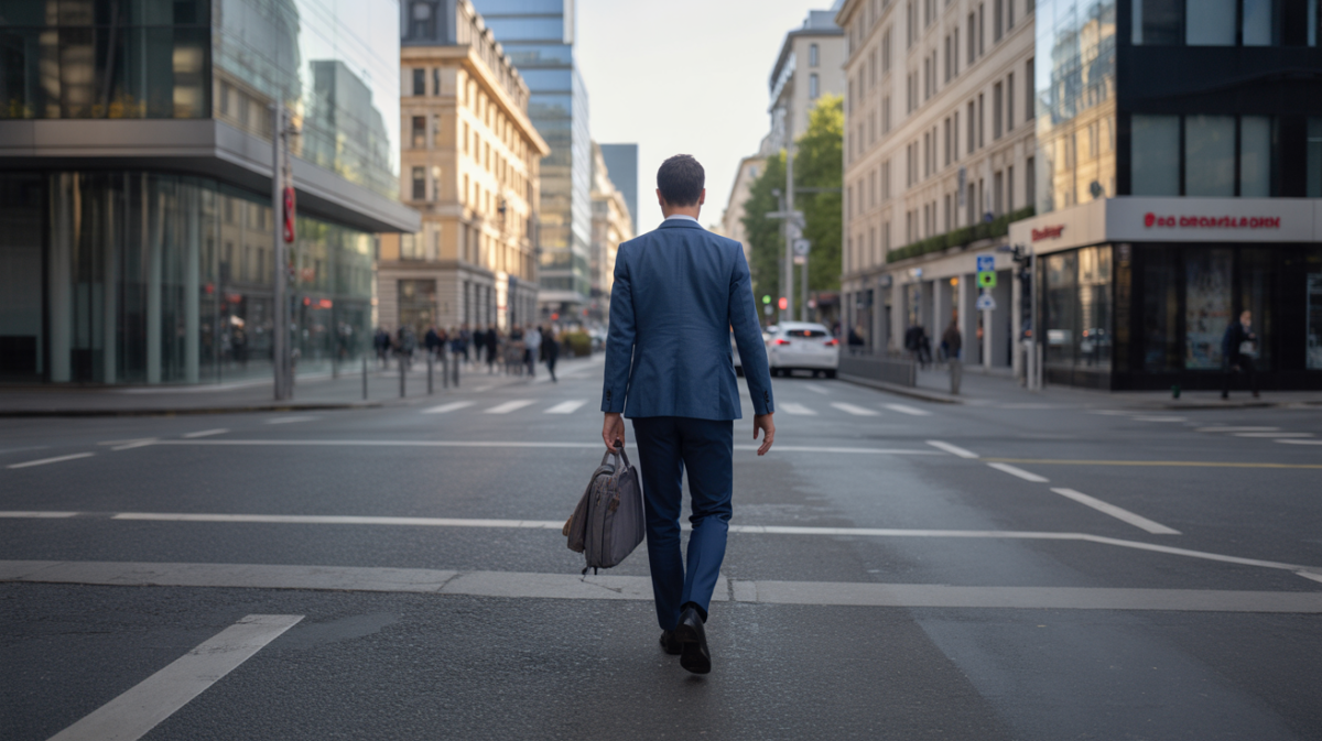 Scène réaliste d'un salarié marchant vers un quartier de bureaux au petit matin, illustrant la frontière entre temps de trajet et temps de travail.
