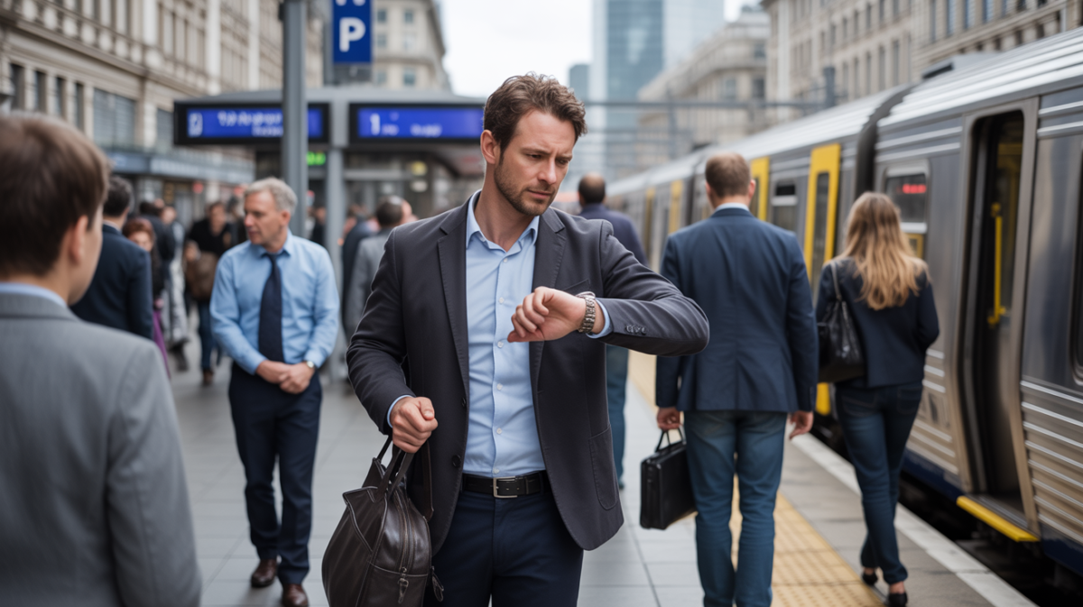 Homme sur un quai de gare le matin, regardant sa montre pendant son trajet domicile-travail dans une scène urbaine réaliste.