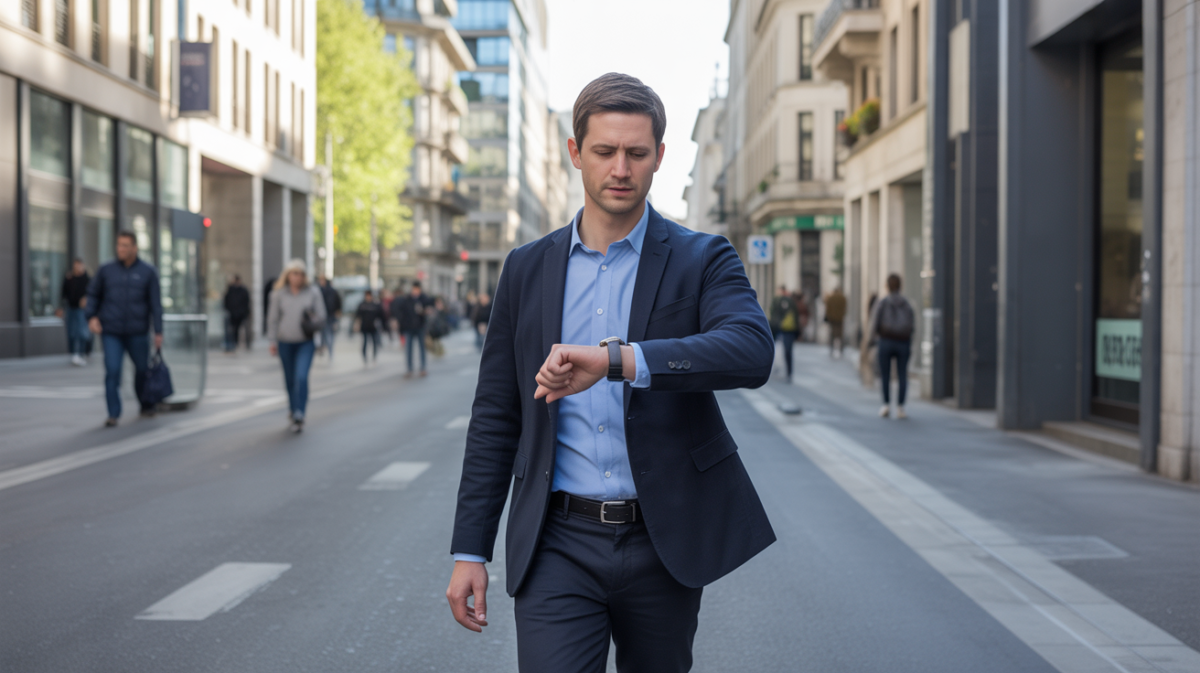 Employé marchant dans une rue urbaine européenne au petit matin en regardant sa montre, illustrant la frontière entre temps de trajet et temps de travail dans un décor réaliste.