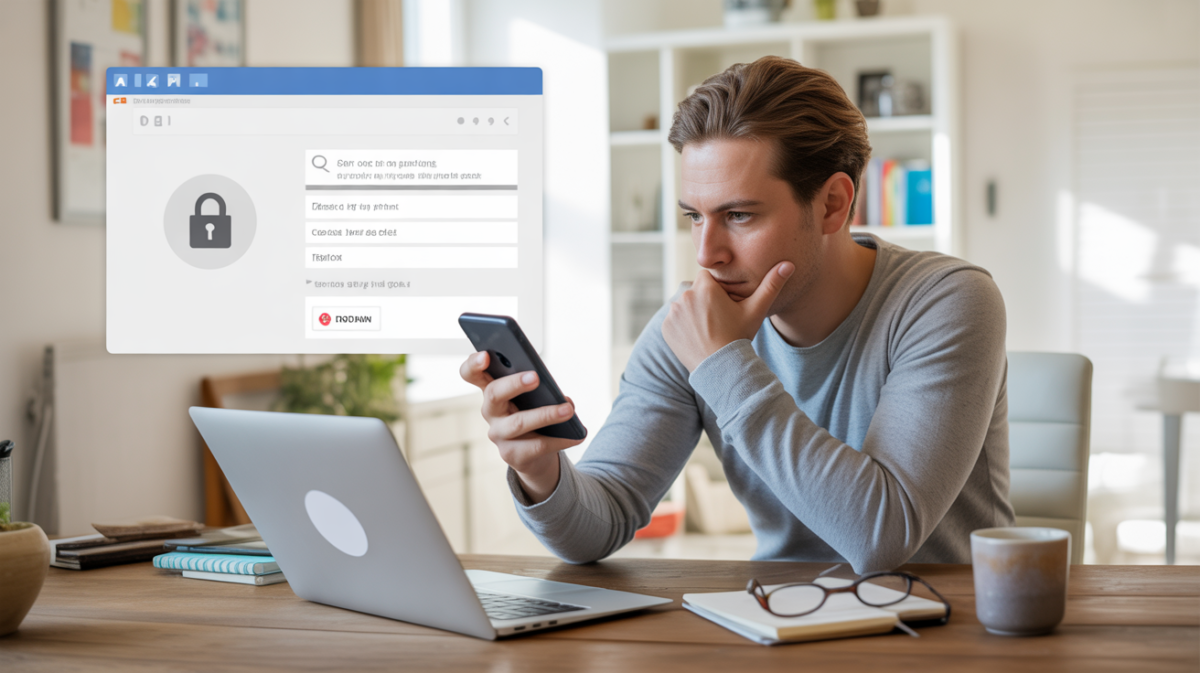 Personne vérifiant la fiabilité d’un site web sur un ordinateur portable dans un intérieur lumineux et réaliste.