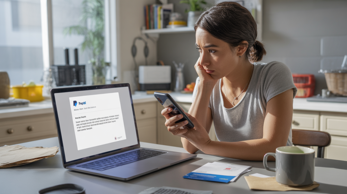 Personne examinant un e-mail suspect sur un ordinateur portable dans une cuisine moderne, illustrant la vigilance contre les arnaques en ligne.