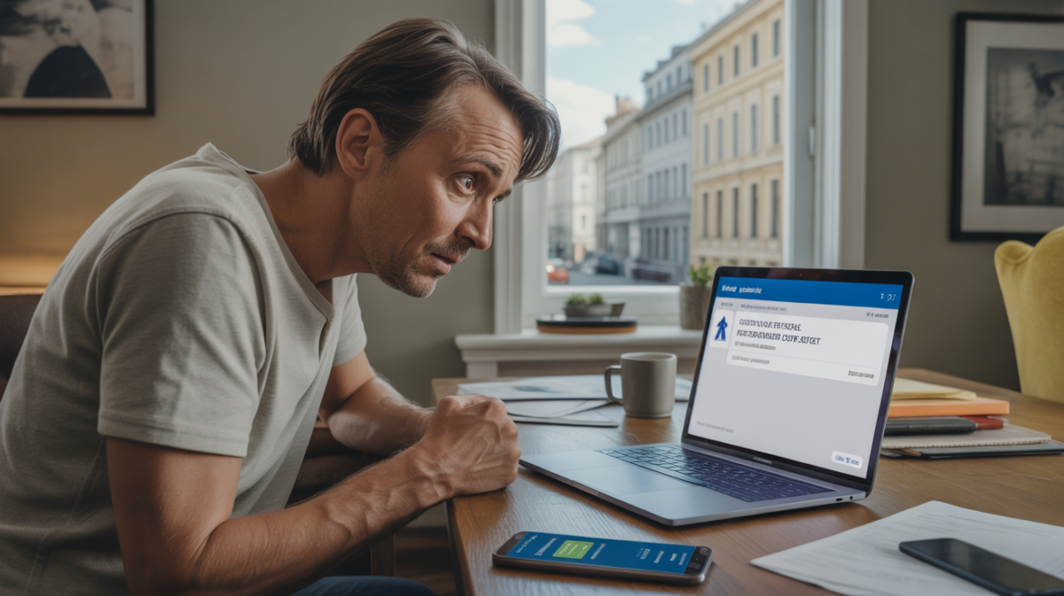 Personne inquiète découvrant un virement bancaire frauduleux sur son ordinateur dans un bureau domestique réaliste.