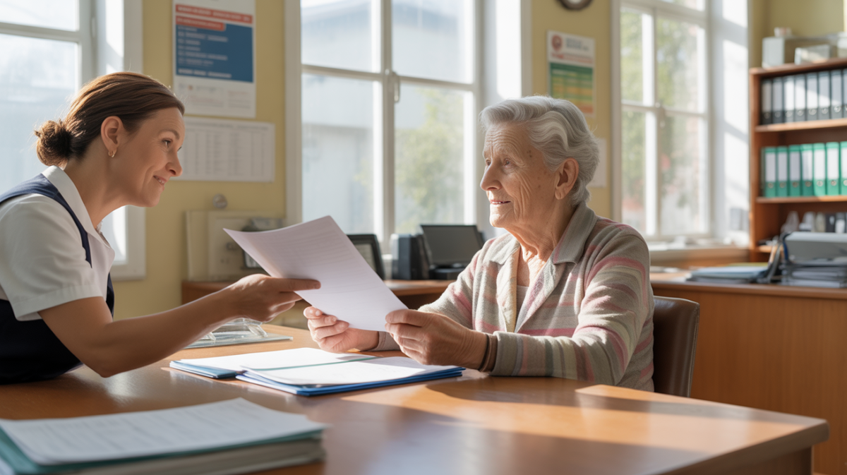 Personne âgée accompagnée par un agent administratif dans un bureau lumineux et réaliste, examinant des documents officiels dans une ambiance rassurante et naturelle.