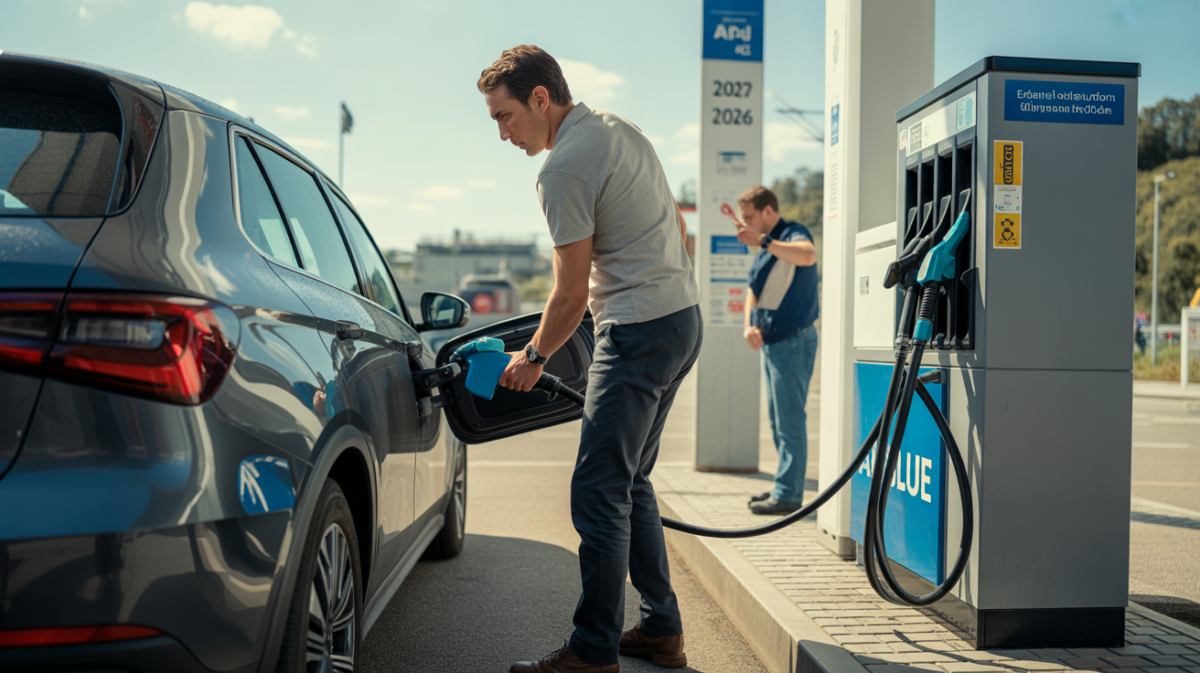 Scène réaliste dans une station-service européenne où un automobiliste remplit sa voiture de diesel avec de l’AdBlue, montrant aussi des signes d’évolution des infrastructures pour 2026.