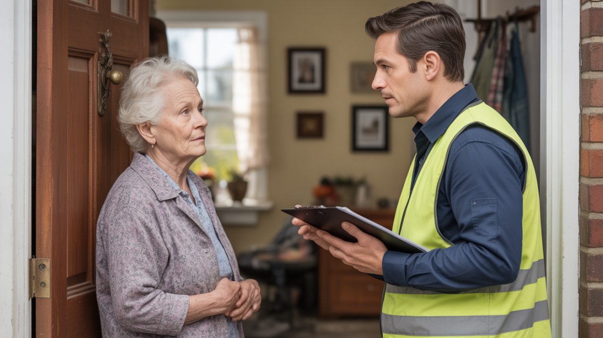 Une femme âgée ouvre prudemment la porte à un faux démarcheur portant un gilet de travail, dans une maison réelle et chaleureuse.