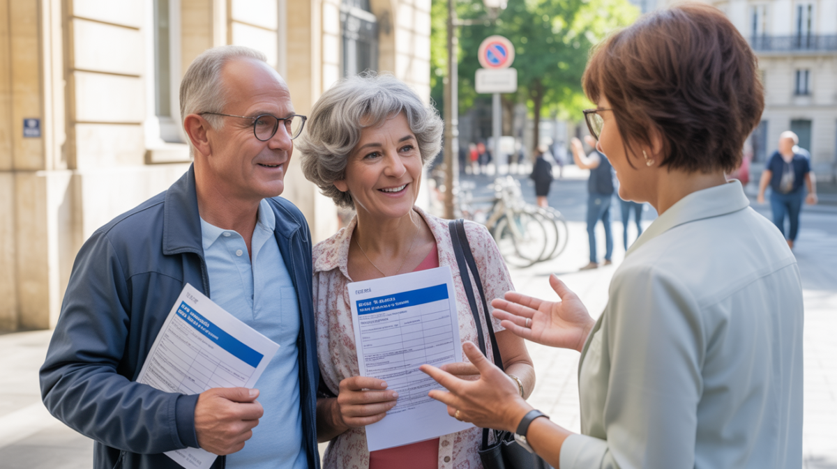 Scene réaliste d’un couple de retraités discutant avec un conseiller devant un bâtiment administratif français.